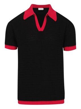 Men's 70s Retro Knit Polo Shirt Black Red V Neck Short Sleeve 2XL NWT